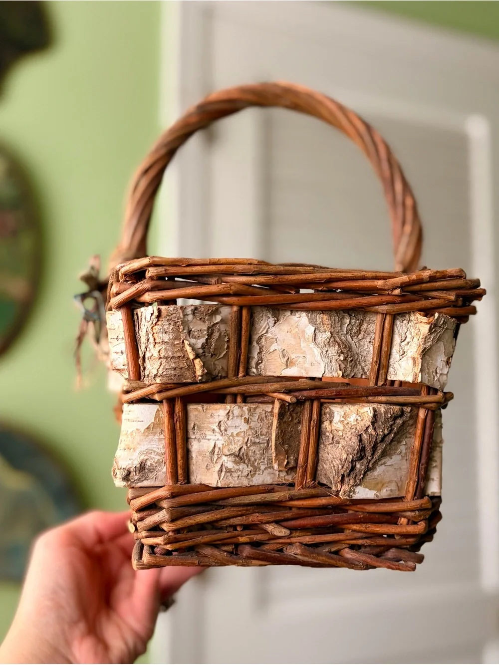 Vintage Handmade Woven Rustic Birch & Wicker Handled Basket - Brown